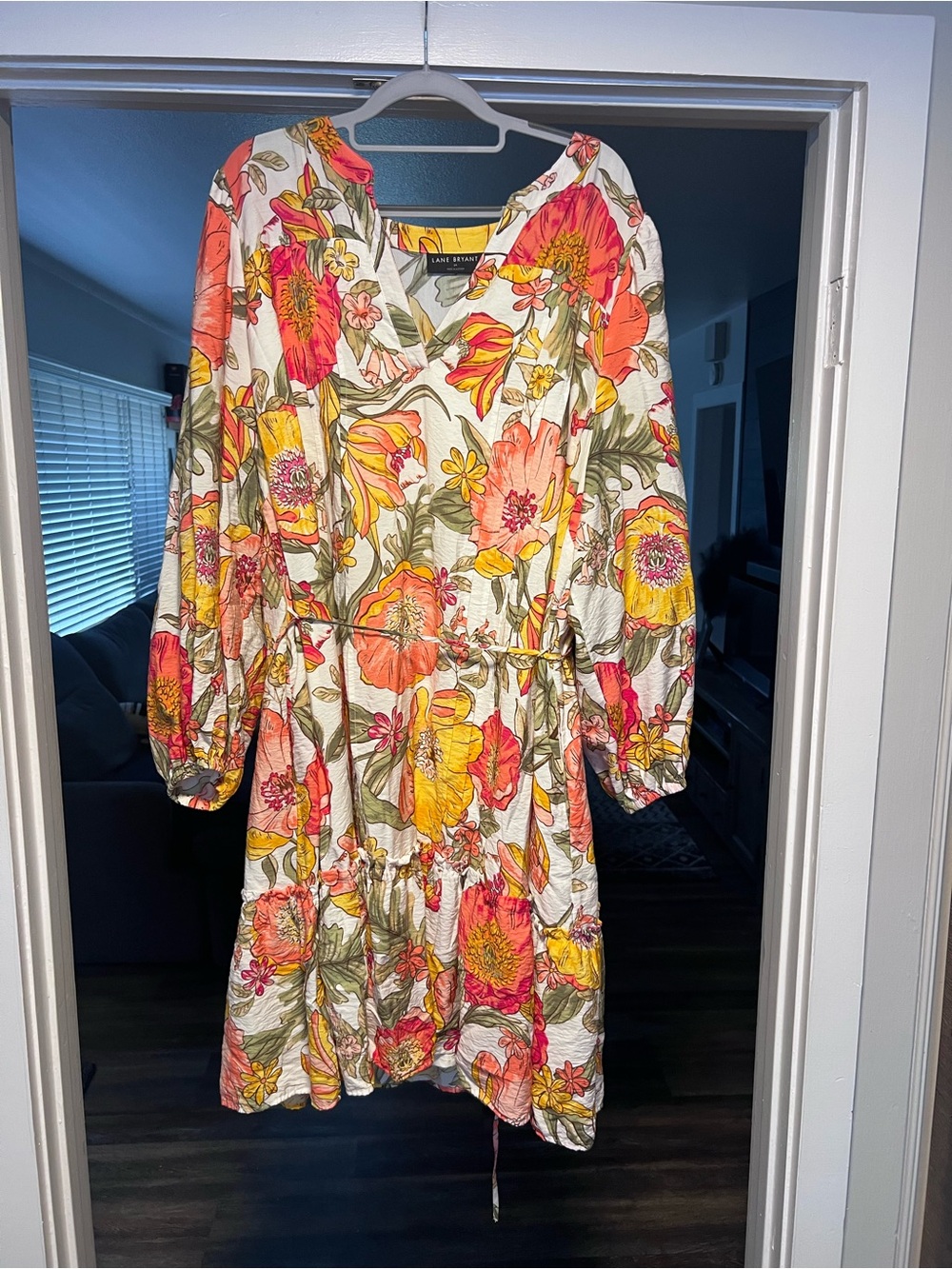 Lane Bryant White Floral V-Neck Tiered Dress with Pink, Yellow & Green Print